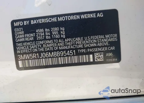 2021 BMW 330I z USA, uszkodzony, nr VIN 3MW5R1J06M8B95451